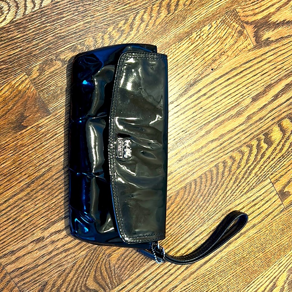 Coach black patent leather clutch purse with wrist strap